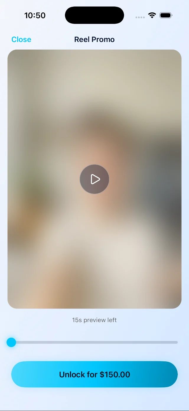 Phlixy buyer view. A blurred video preview with a button to unlock for 150 dollars.